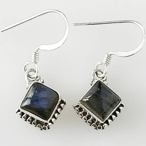 Square Labradorite Earrings: Boho Oxidized 925 Sterling Silver Dangle