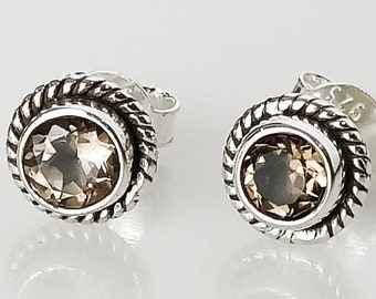 Round shaped cut-stone natural brown smoky quartz Oxidized 925 Silver Stud Earrings , Bohemian Oxidized Silver Round Stud Earrings Australia