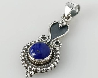 Lapis Lazuli 925 Sterling Silver Pendant - Oxidized Boho Style