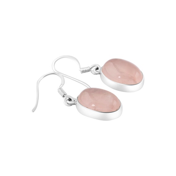 Oval Shaped Minimalist Rose Quartz 925 Silver Earrings, Simple