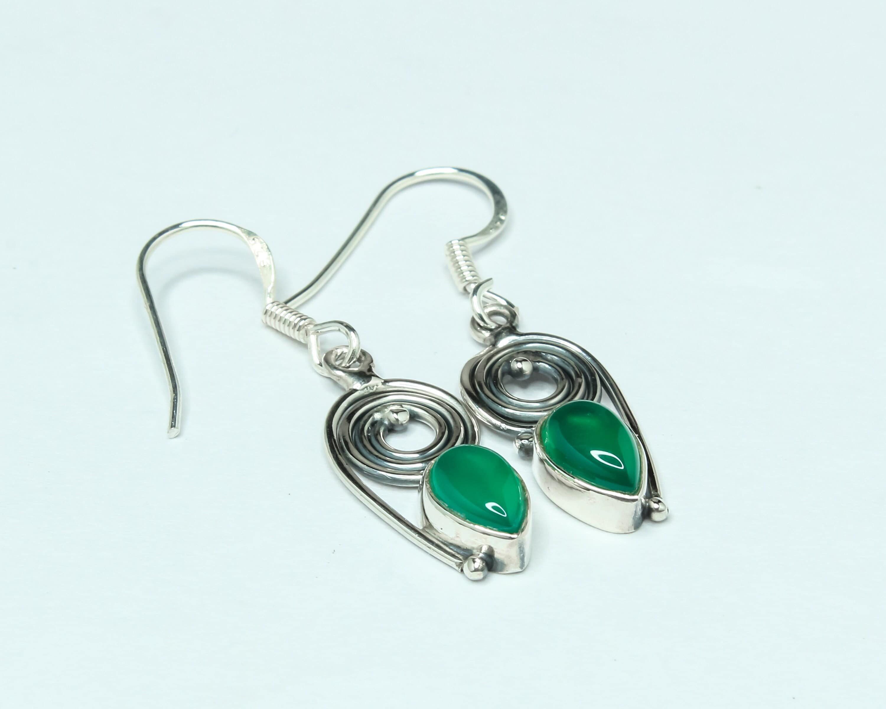 Boucles D'oreilles Argent 925 Avec Onyx Vert Naturel - Forme Poire, Fait Main, Sans Nickel
