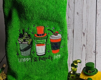 St. Patrick's Day Gift.  Embroidered colorful towel for any room in the house.  St. Patty's Day home decor, gift St. Patty's Days, Coffee