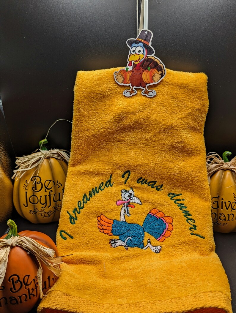 Thanksgiving Kitchen Towel, Embroidered Hand Towels, Turkey, Funny Thanksgiving Gift, Thanksgiving Gift, Host Gift, Hand or bath Towel image 2