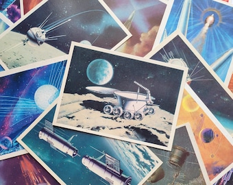 SALE, Soviet Space Postcards, Set of 10, Space Card, Space Print, Space Art, Sokolov, Leonov, Viktorov, Unsigned,  1970s, 1980s