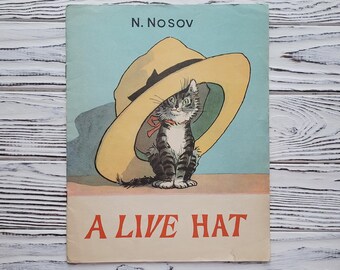 Nosov, Un sombrero vivo, Artista I. Semyonov, Libro infantil antiguo, Gato, Animal, Cuento para niños, década de 1970, 1971