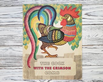 El gallo de cresta carmesí, libro en inglés, cuento de animales, pájaro, dibujos, libro infantil soviético vintage, URSS, Unión Soviética, 1981