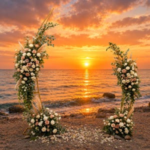 Op de afbeelding: Een cirkelvormige trouwboog van goudkleurig metaal, versierd met witte en zachtroze rozen, eucalyptusbladeren en pampasgras. Het bloemstuk staat op een zandstrand met de oceaan en een oranje zonsondergang op de achtergrond.
