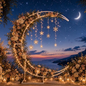 May include: A white crescent moon-shaped metal arch decorated with pink and white flowers and hanging star-shaped string lights. The structure is illuminated by warm fairy lights and surrounded by white lanterns with candles at the base.