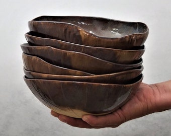 Rustic Brown Ceramic Bowl, Handmade Artisan Pottery, Large Pasta Bowl