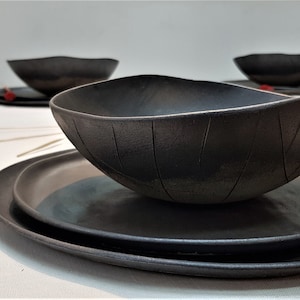 Japanese Dinnerware, Modern Dishware Set, Black Dishware Set, Japanese Ceramic Dish Set, Asian Dinnerware Set, Black Matte Dishware