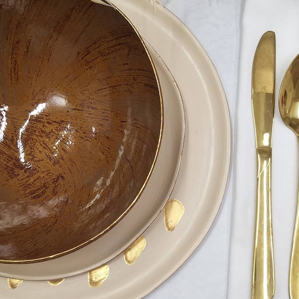 Modern Brown and Cream Dinnerware with 24k Gold, Ceramic Dishware Set, Stoneware Dinnerware, Unique Handmade Dinnerware, Restaurant Dishware