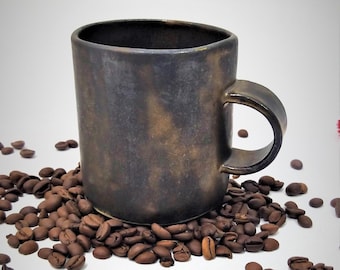 Taza de café de cerámica, taza de cerámica hecha a mano, taza de café de bronce, taza de café única, taza moderna, taza de café elegante, taza rústica, taza de café negro