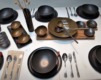 Complete Dinnerware Set for 8, Black Dinnerware Set, Wabi Sabi