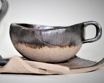 Handmade Ceramic Espresso Cup Set, Pottery Mugs and Saucers