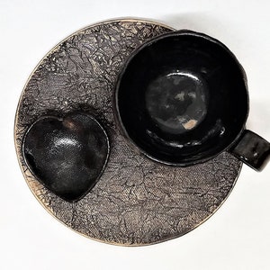 Ceramic Mug With Saucer and Side Heart Plate, Coffee Cup Set, Ceramic Set, Handmade Tea Mug with Saucer, Luxury Black Coffee Mug, Fancy Cup