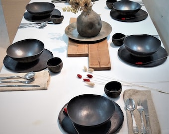 Komplettes Geschirrset für 6, schwarzes Keramikgeschirrset, schwarzes Geschirrsets für 6 Personen, einzigartiges Geschirr, Restaurantgeschirr, feine Speiseteller