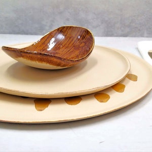 Ceramic Brown Dinnerware with 24k Gold Accents, Modern Handmade Stoneware Set, Unique Dishware