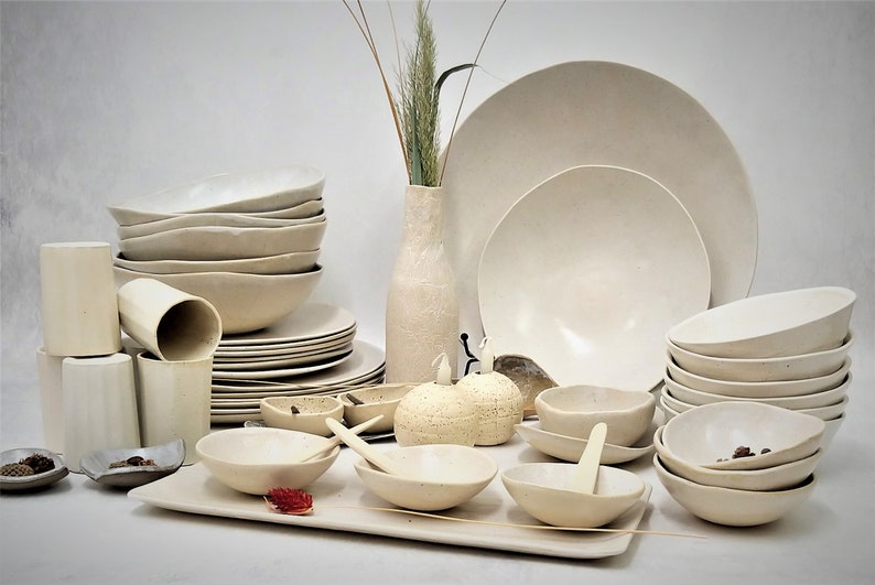 Ceramic Dinnerware Set for 8 White Stoneware Dinnerware Set Etsy