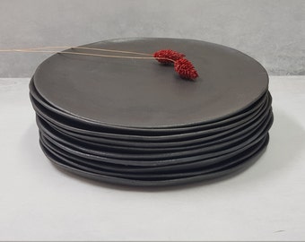 Black Dinner Plate Set for 1-12, Black Pottery Plate Set, Black Pottery Dinnerware Set, Unique Ceramic Plates, Black Handmade Dish Set