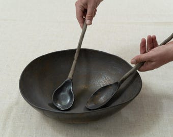 Large Handmade Ceramic Pasta Bowl, Serving Dish & Spoons