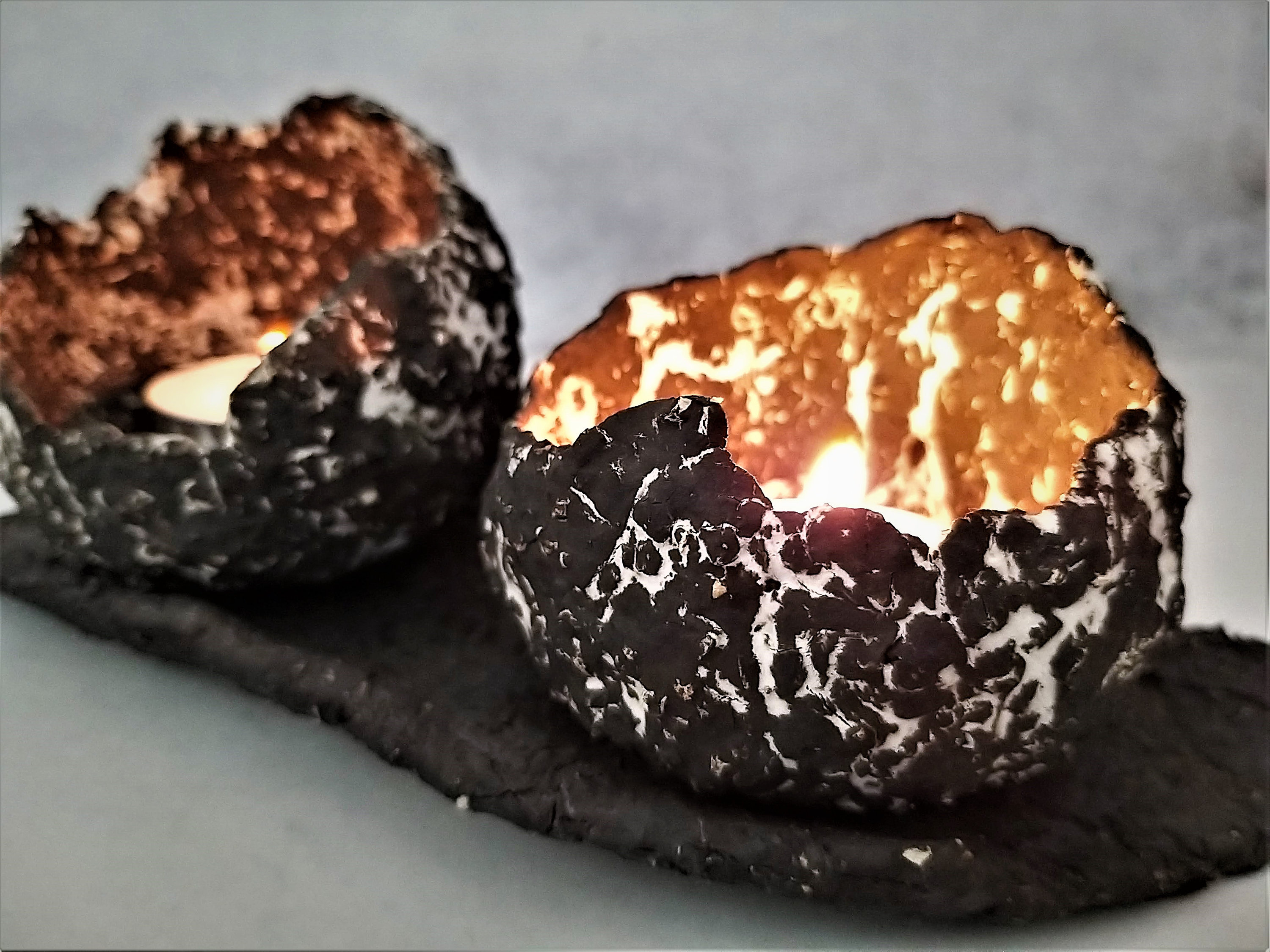 Black Ceramic Tea Light Holder Set, Rustic Candle Holders, Handmade