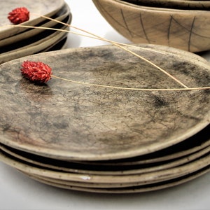 May include: A stack of rustic, brown ceramic plates with a speckled finish. The plates are stacked on a white surface with a dried flower on top.