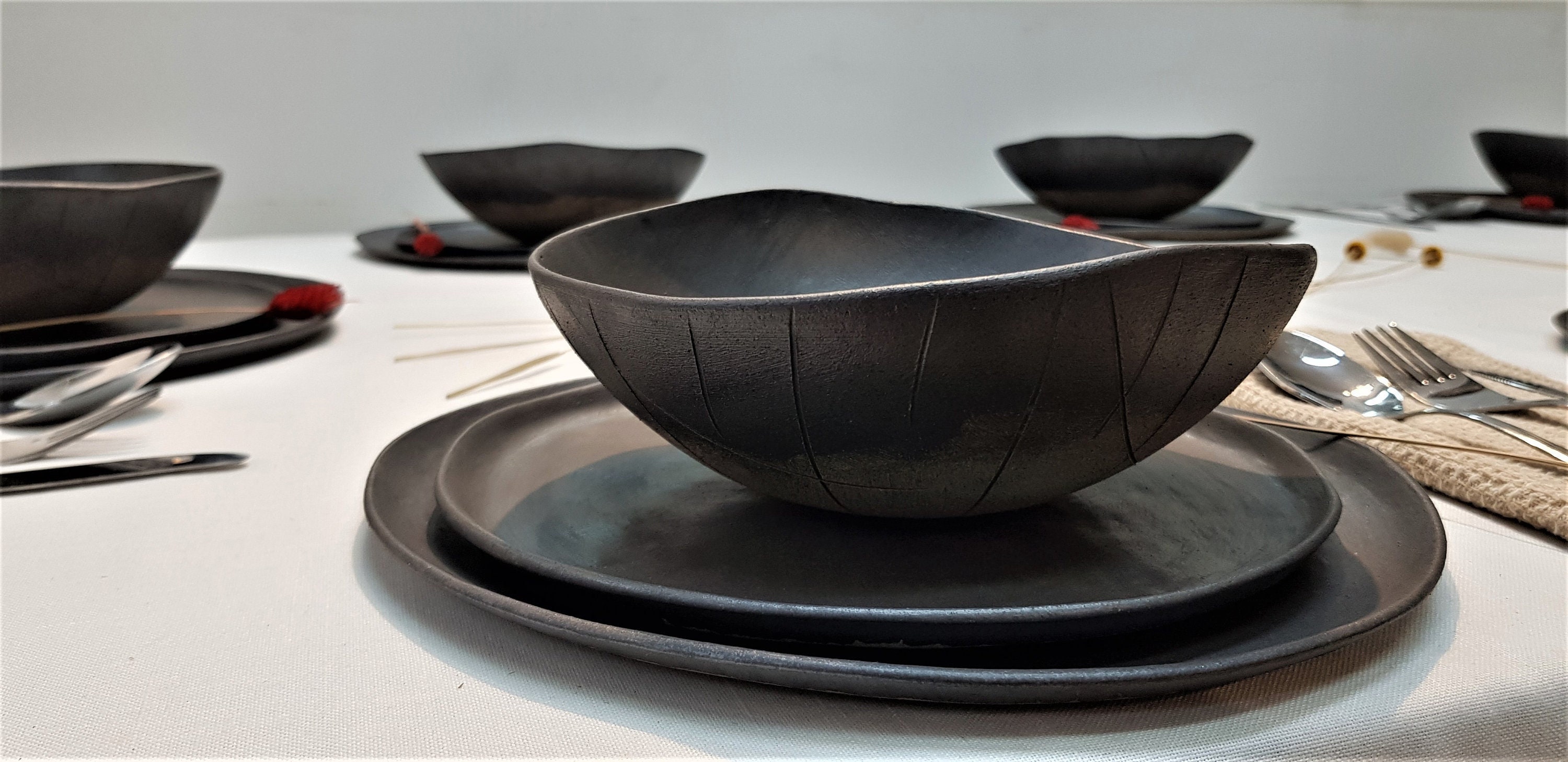 Black Dish Set, Unique Black Plate Set for 1-12, Black Ceramic Dinner Plates,  Black Dinnerware, Handmade Pottery Plates 