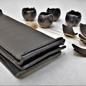 Handmade Ceramic Sushi Set – Black Pottery Tray with Sauce & Chopstick Holders