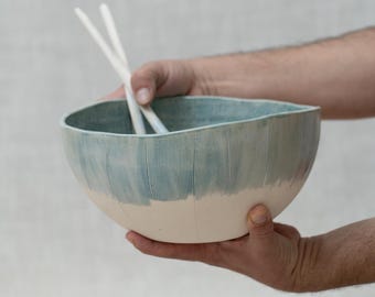 Handmade Blue Ceramic Salad Bowl – Rustic Pottery Serving Bowl for Pasta, Fruit, or Salad