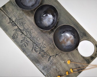 Handmade Ceramic Serving Platter with Bowls, Rustic Plant Imprint