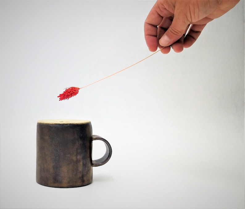 May include: A dark brown ceramic mug with a handle, sitting on a white surface. A single red flower is held by a hand, with the stem extending towards the mug.
