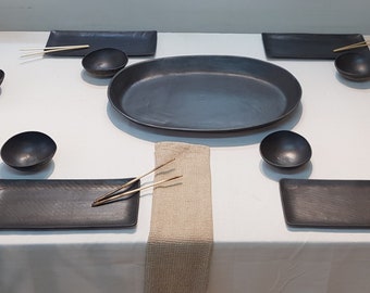 Christmas Dishes Set, Rectangle Dinnerware, Stoneware Dinnerware, Handmade Dinner Set, Black Ceramic Dish Sets For 6