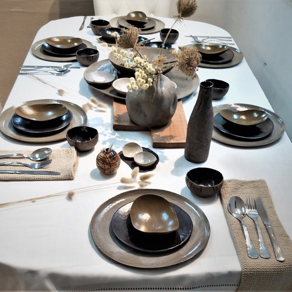 Rustic Ceramic Dinnerware Set For 1-12, Unique Ceramic Dish Set, Black Ceramic Plate Set, Modern Dinnerware Set, Viking Dinnerware Set