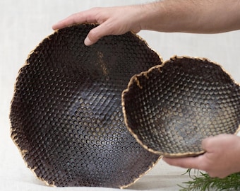 Stor handgjord fruktskål i keramik, bronsglasyr, 24K guldfinish
