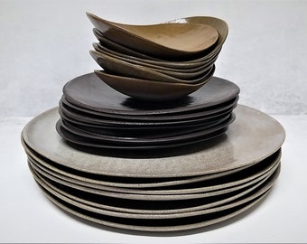 Stoneware Dinnerware Set For 1-18, Rustic Dinnerware, Ceramic Dish Set, Dinner Plates Set, Unique Pottery Dinnerware, Handmade Dish Set