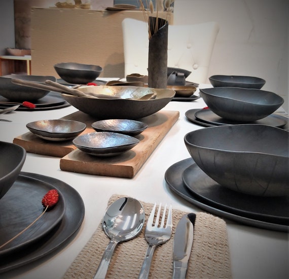Complete Dinnerware Set for 8, Black Dinnerware Set, Wabi Sabi Dinnerware,  40 Piece Dinner Set, Ceramic Soap Dish Set, Stoneware Dinnerware 