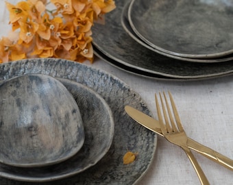 Handmade Ceramic Dinnerware Set – Modern Rustic Serving Plates & Oval Dish