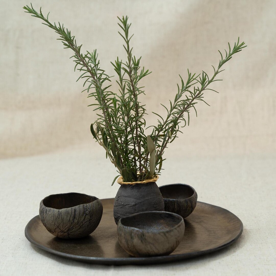 Handmade Ceramic Serving Set, Rustic Bowls and Vase, 24K Gold Detail - Etsy