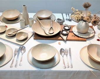 Handmade Ceramic Dinnerware Set for 8, Beige Stoneware Tableware