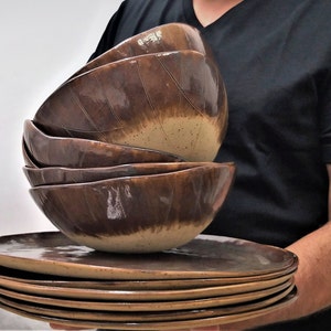 Rustic Brown Ceramic Dinnerware Set – Handmade Plate and Bowl Set – Pottery Tableware for Wedding Gift or Modern Boho Dining Table