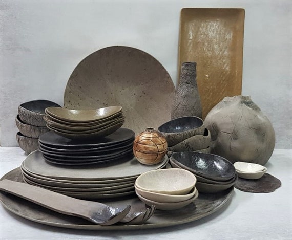 Easter Dinnerware Set, 39 Piece Dinner Set, Stoneware Dinnerware Set for 6,  Complete Wabi Sabi Dish Set, Ceramic Dishes, Unique Dinnerware 