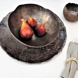 Stoneware Dinnerware Set, Unique Dish Set, Handmade Dinnerware, Black Ceramic Plates Set, Modern Dinnerware, Rustic Ceramic Dish Set