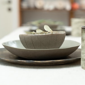 Rustic Earthy Ceramic Dinnerware – Wabi Sabi Stoneware Plates Set – Handmade Raw Pottery, Olive Green Organic Dishware