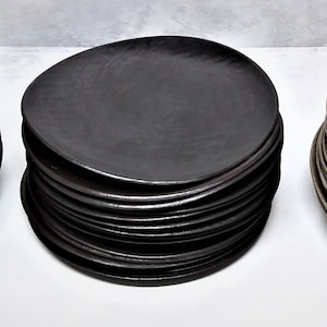 Black Dish Set, Unique Black Plate Set for 1-12, Black Ceramic Dinner Plates, Black Dinnerware, Handmade Pottery Plates