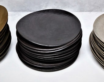 Black Dish Set, Unique Black Plate Set for 1-12, Black Ceramic Dinner Plates, Black Dinnerware, Handmade Pottery Plates