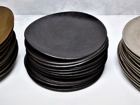 Black Dish Set, Unique Black Plate Set for 1-12, Black Ceramic Dinner Plates,  Black Dinnerware, Handmade Pottery Plates 