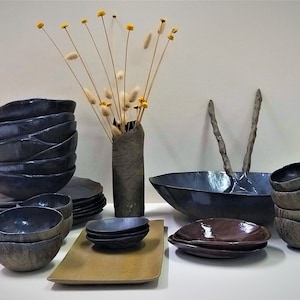 Unique Dishes Set, Black Dinnerware Set, Complete Dinner Set of 33 Pieces, Ceramic Dish Sets For 8, Full Dinnerware Set, Unusual Dinnerware
