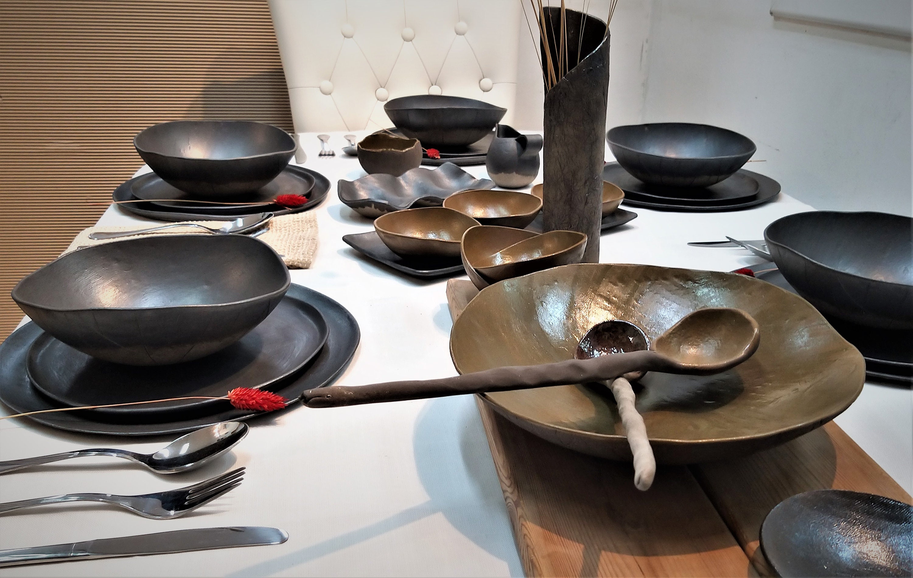 Complete Dinner Set of 33 Pieces, Black Tableware Set, Full Dish