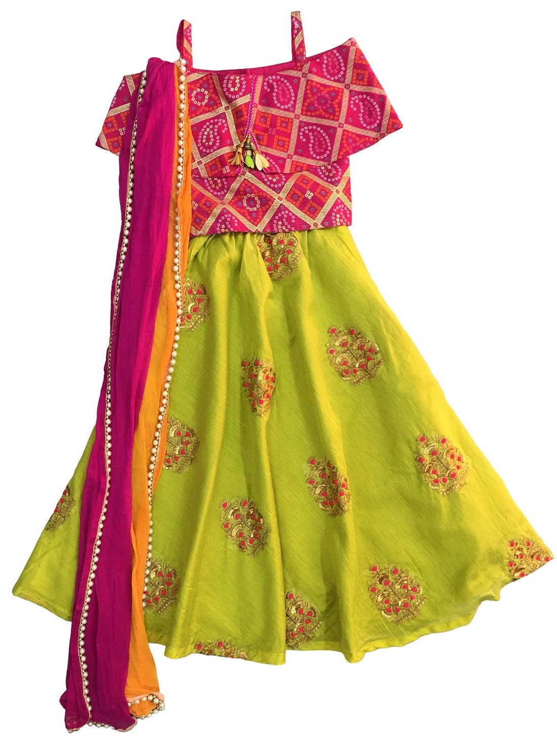 Girls Silk Hot Pink and Green Lehenga 