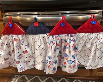 USA 250 year Anniversary Kitchen towel Potholder Hanger with button for large 2-sided dishtowels.